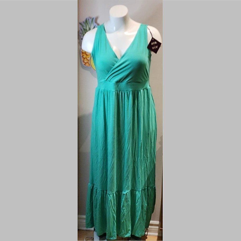 Ava & Viv - Women's V-Neck A-Line Maxi Dress in Aqua Green - Picture 2 of 11